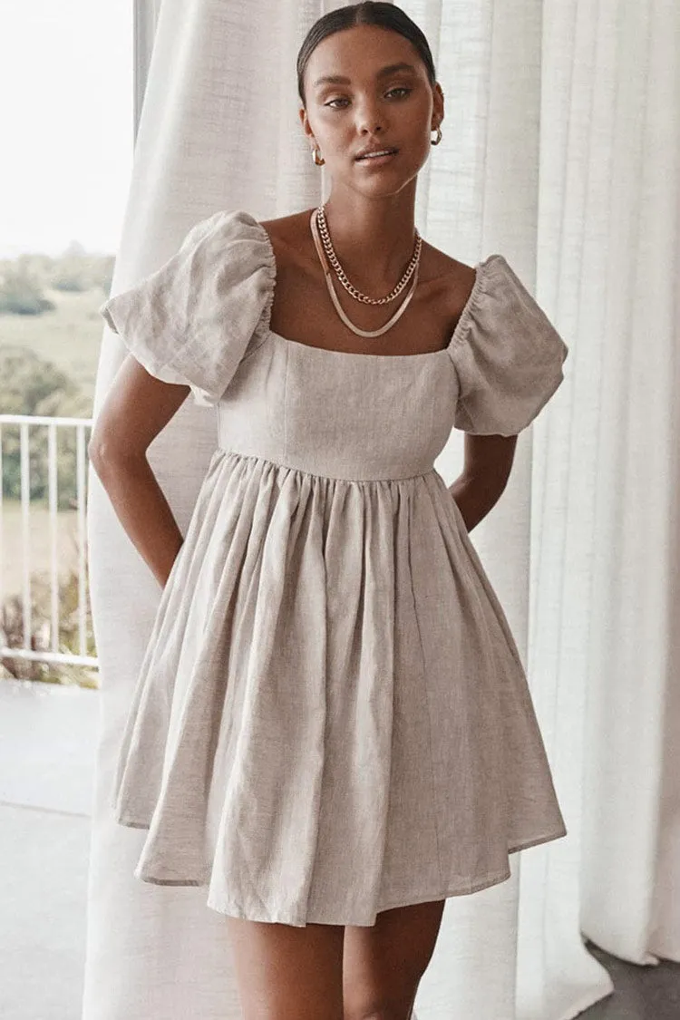 Flytonn-nye outfits Cute Puff Sleeve Square Neck Blend Linen Babydoll Mini Dress - Khaki-back to school outfits Christmas  Outfits Thanksgiving Gift New Year's Eve
