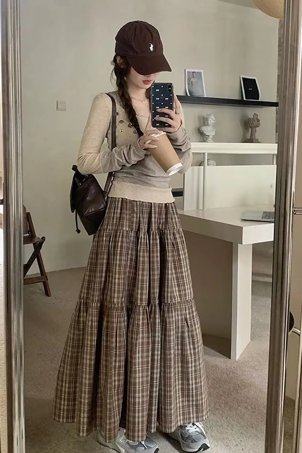 High Waist Vintage Plaid Elegant Long Skirts