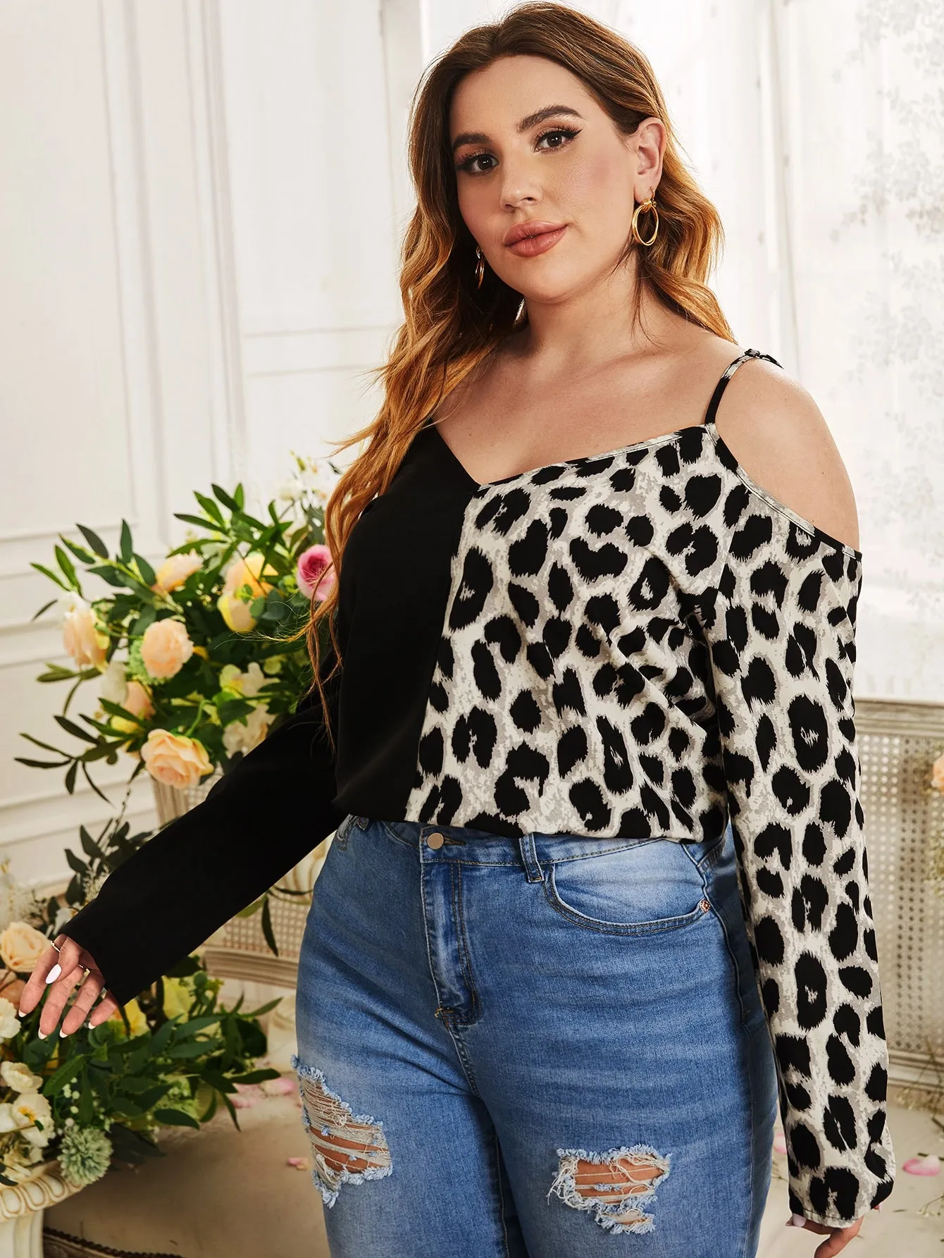 Leopard Long Sleeve Cold Shoulder Regular Plus Size Blouse