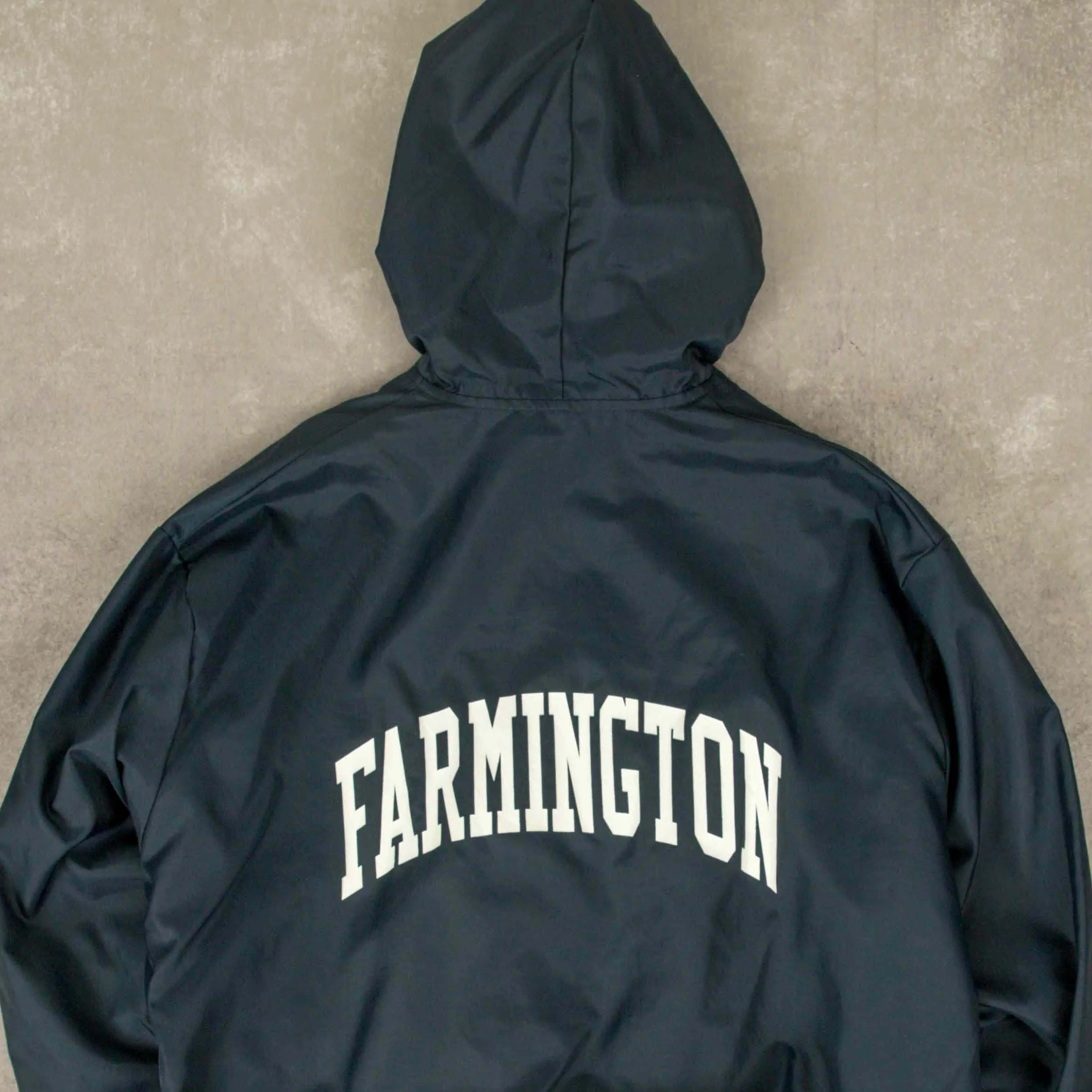 MEN'S VINTAGE 1980S FARMINGTON QUARTER ZIP HOODED VARSITY BOMBER JACKET - LARGE