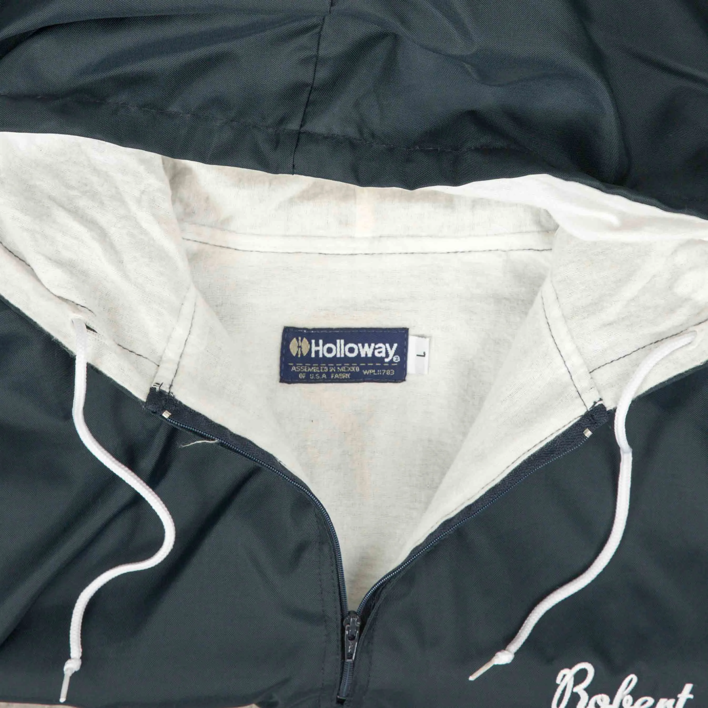 MEN'S VINTAGE 1980S FARMINGTON QUARTER ZIP HOODED VARSITY BOMBER JACKET - LARGE