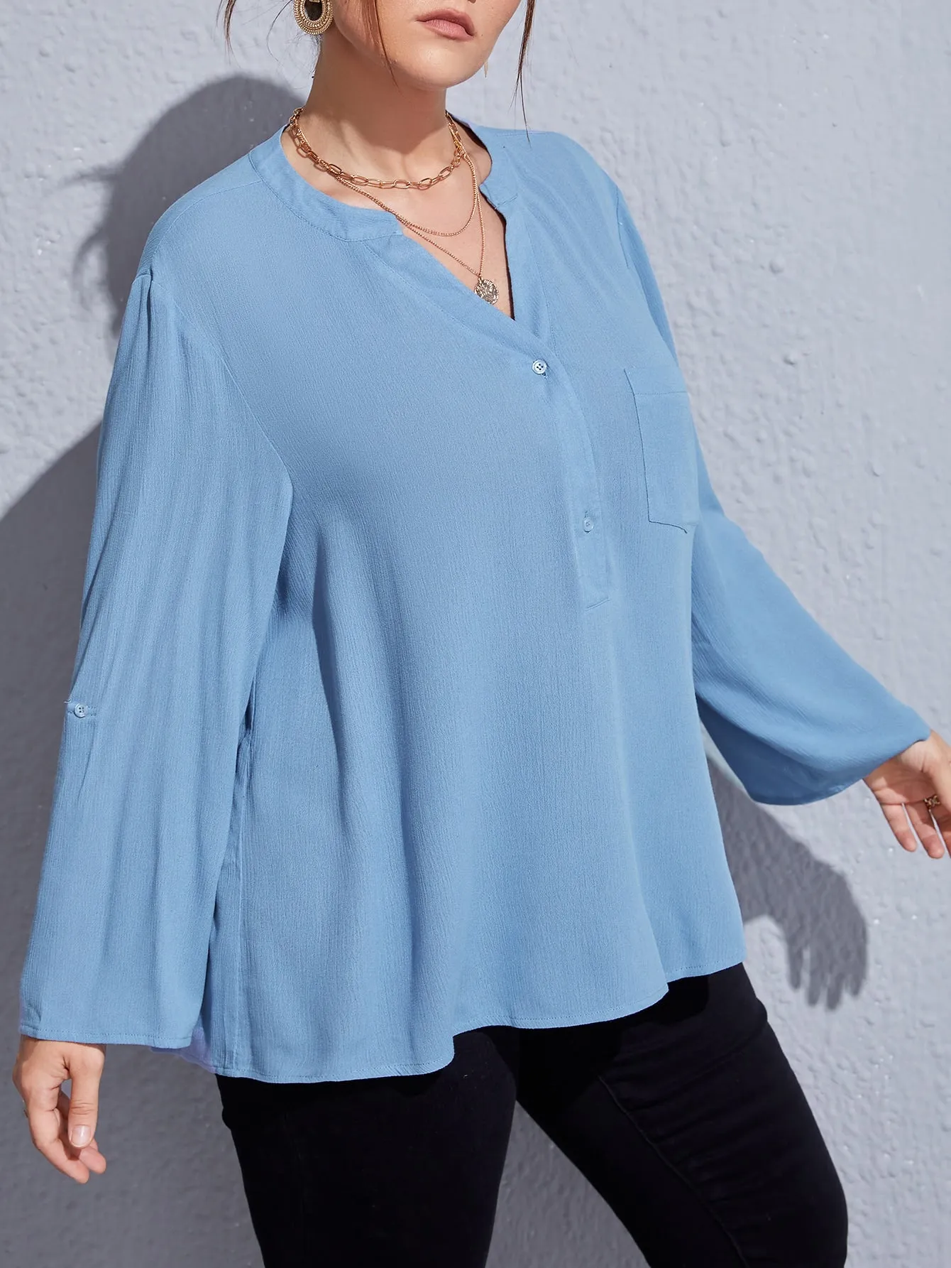 Plain Button Front Long Sleeve Notched Regular Plus Size Blouse