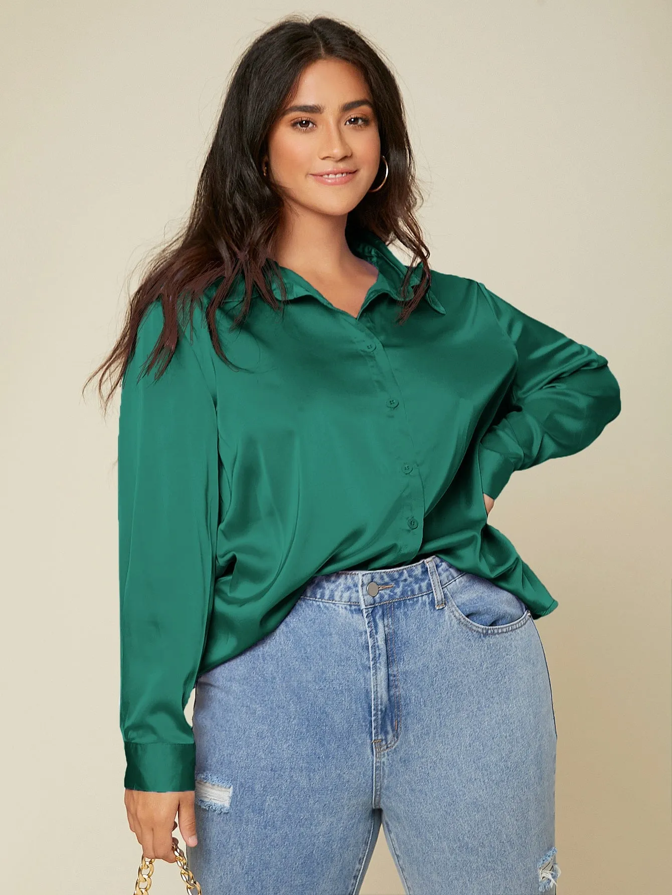 Plain Button Long Sleeve Collar Regular Plus Size Blouse