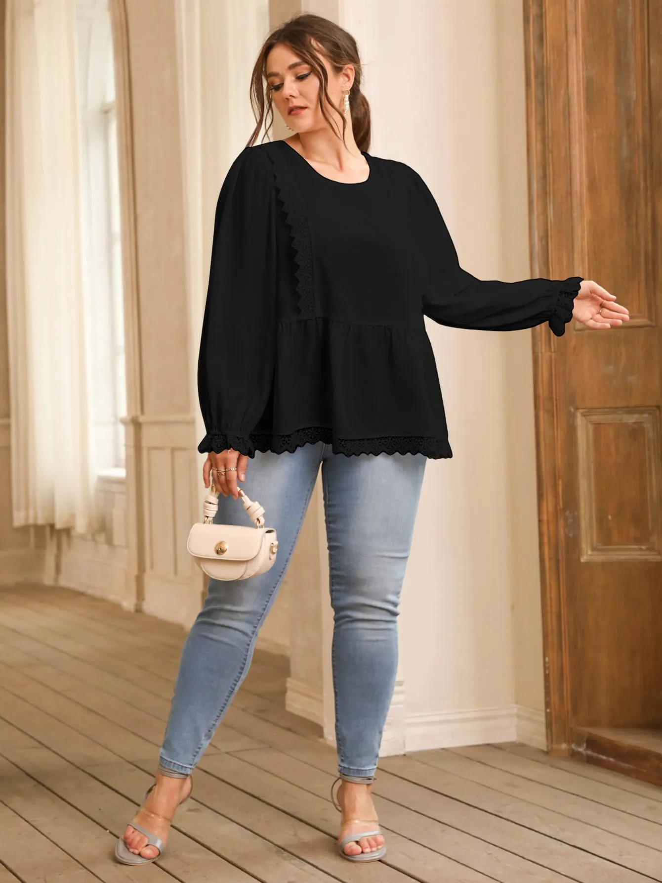 Plain Contrast Lace Long Sleeve Round Neck Flared Regular Plus Size Blouse