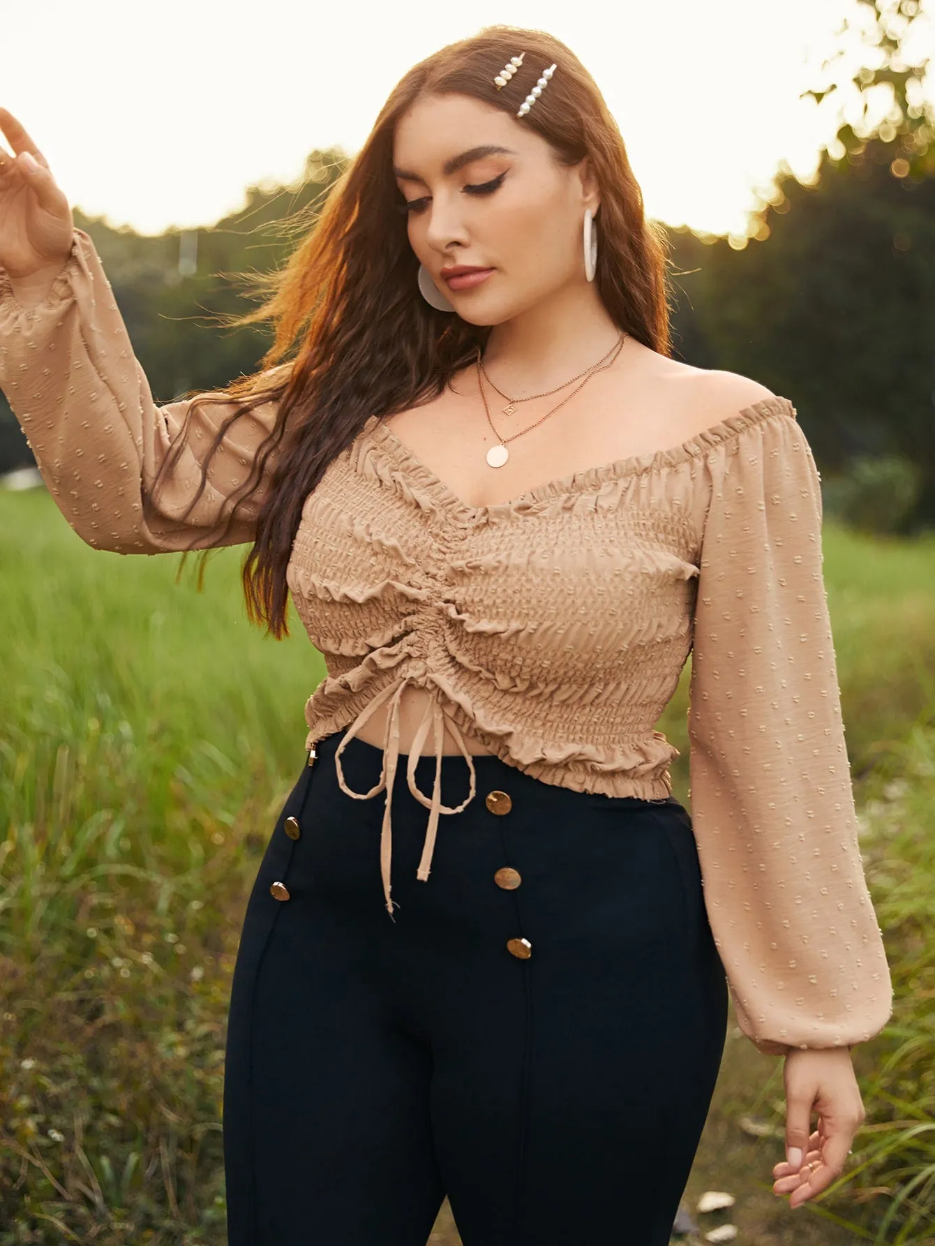 Plain Shirred Long Sleeve Sweetheart Crop Plus Size Blouse