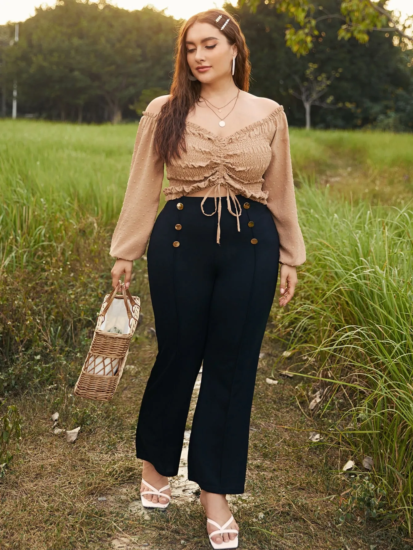 Plain Shirred Long Sleeve Sweetheart Crop Plus Size Blouse