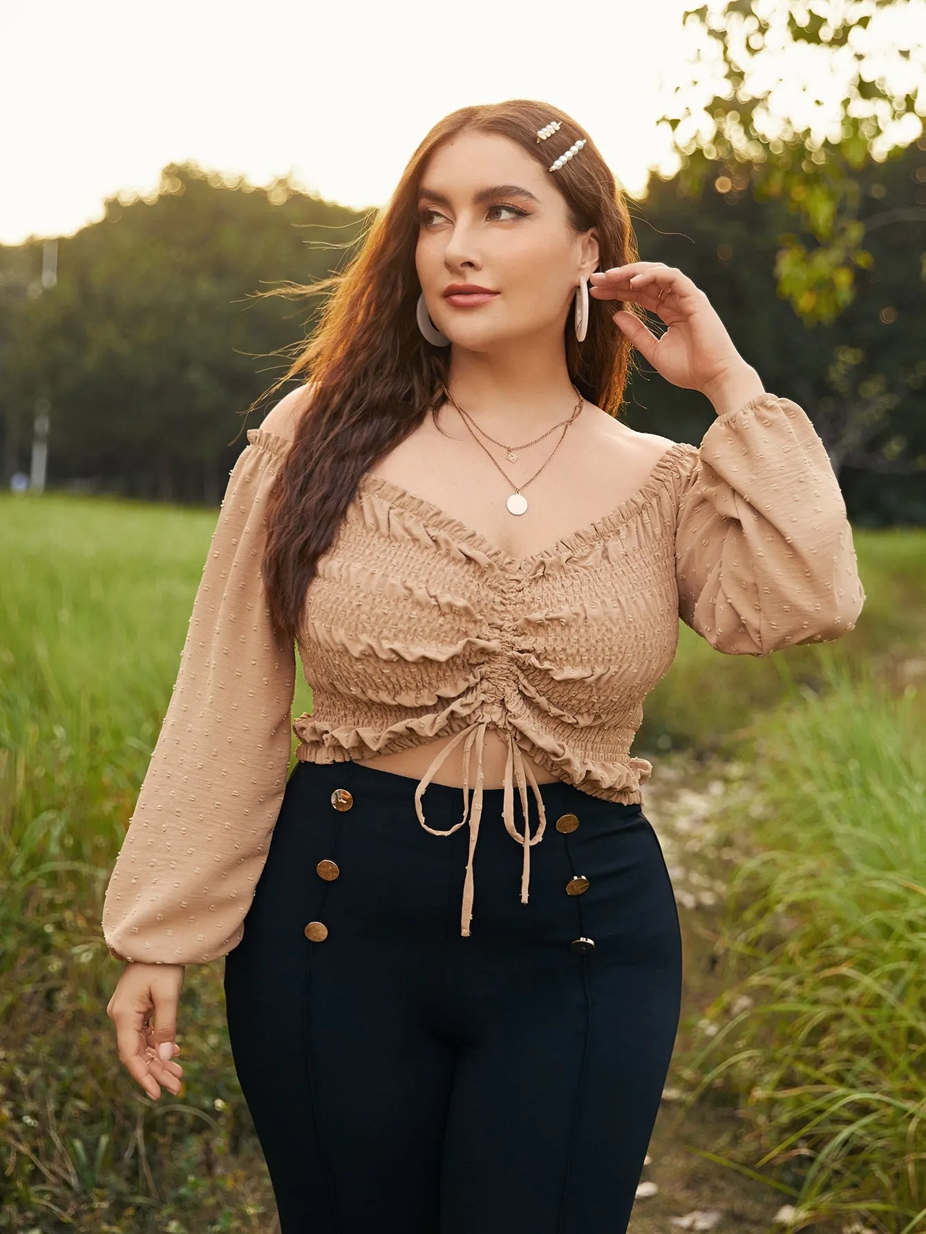 Plain Shirred Long Sleeve Sweetheart Crop Plus Size Blouse