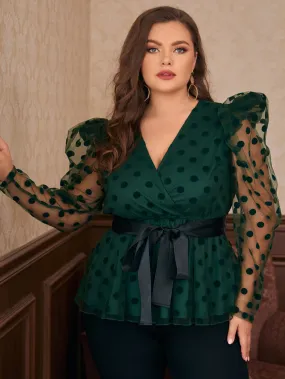 Polka Dot Wrap Long Sleeve Deep V Neck Semi-Sheer Flared Regular Plus Size Blouse