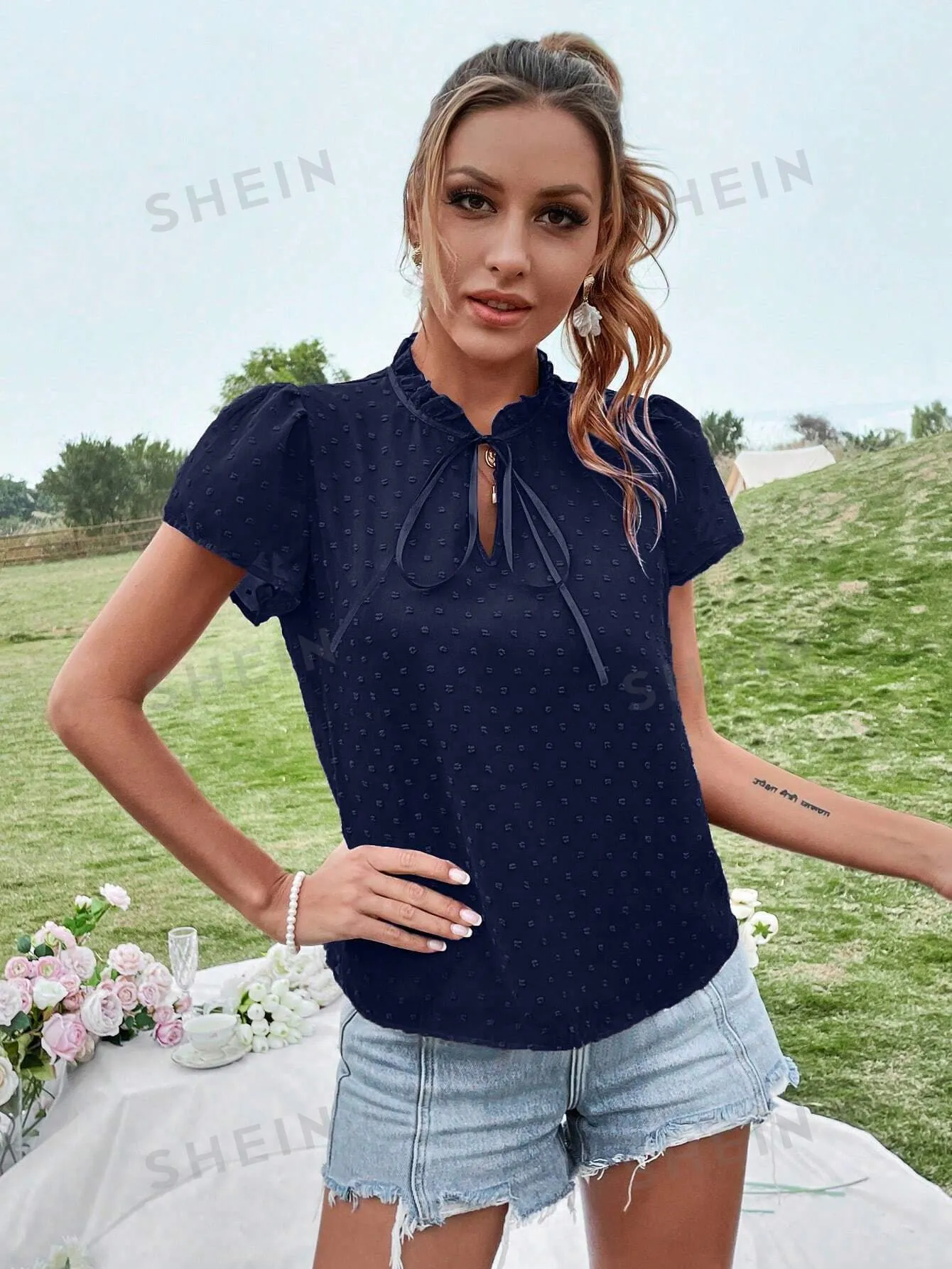 Swiss Dot Tie Neck Puff Sleeve Frill Trim Blouse