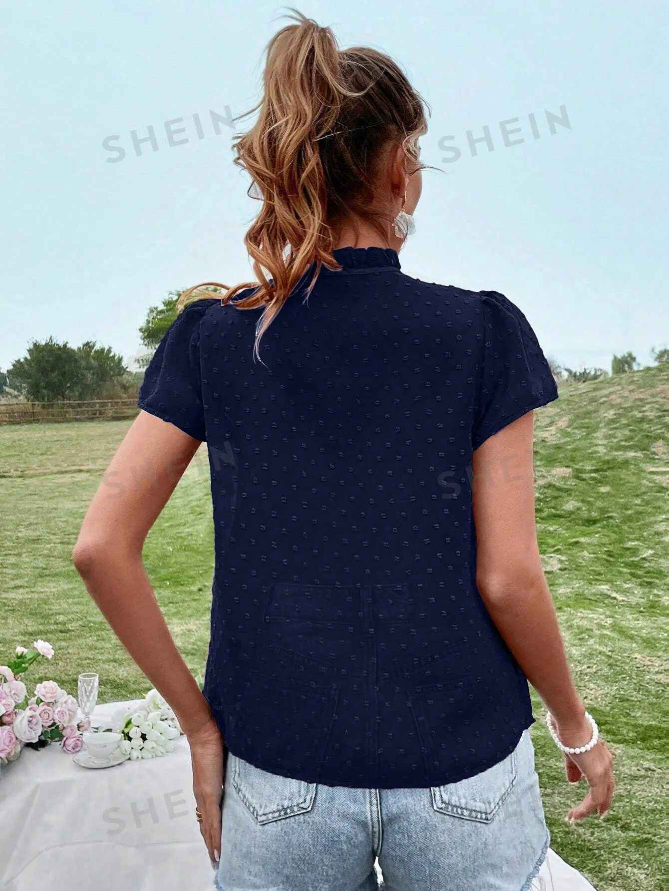 Swiss Dot Tie Neck Puff Sleeve Frill Trim Blouse